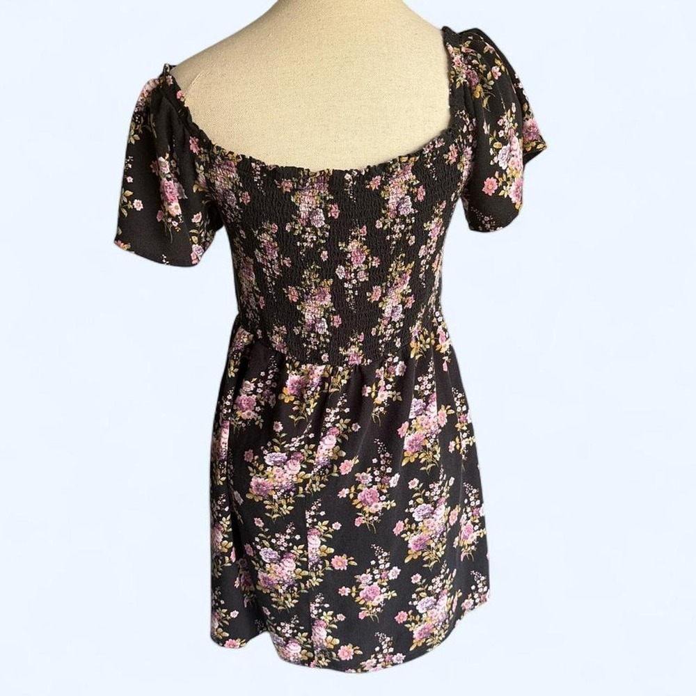 Jolt Floral Smocked Mini Dress Black Pink Rayon Boho Short Sleeve Large - Picture 3 of 7